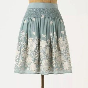 Anthro Blue Tassel aqua embroidered silk skirt, Sz 4